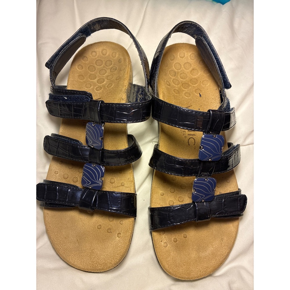 Vionic Orthaheel Amber Navy Blue Croc Patent Leather Adjustable Sandals 8